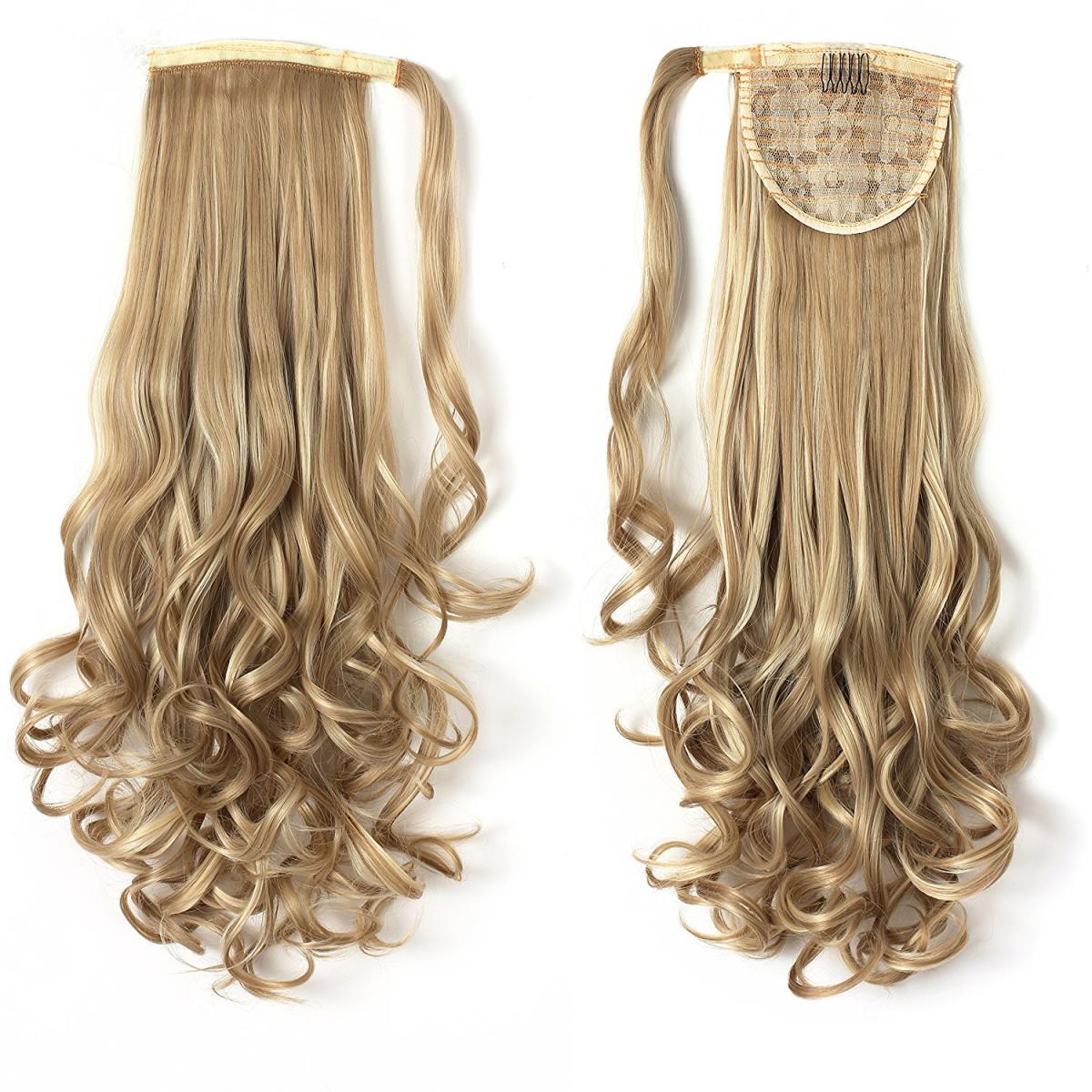 #16H613 Slingat blond - Wrap-on hästsvans lockig syntetiskt löshår