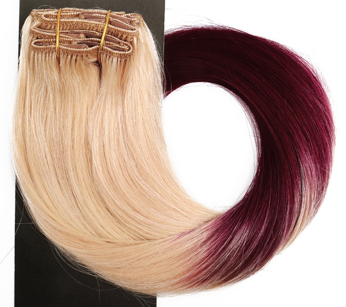 #22TBug Blond & Vinröd - Classic Dip Dye äkta löshår remy clip-on