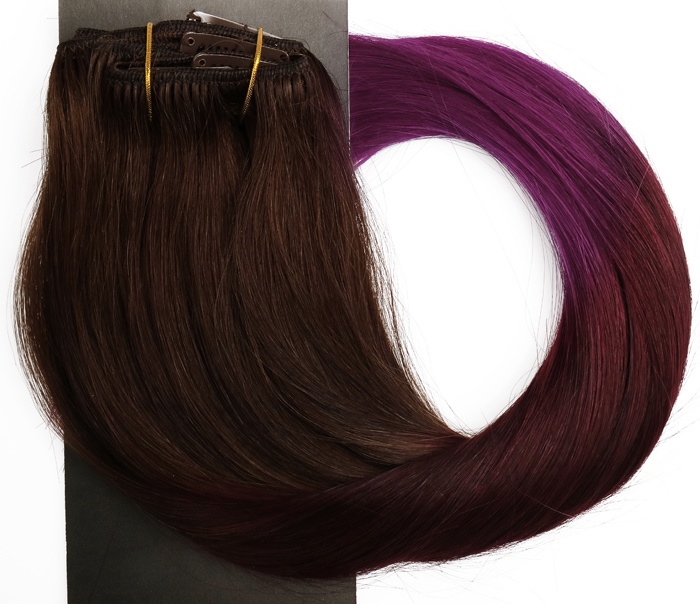  #3T99JTViolet Brun, Röd & Lila - Classic Dip Dye äkta löshår remy clip-on