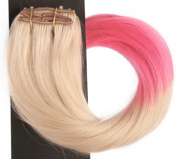 #60TLightPink Blond & Rosa - Classic Dip Dye äkta löshår remy clip-on