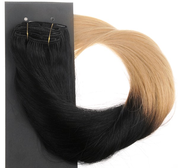  #1T22 Svart & Mrkblond - Classic Dip Dye kta lshr remy clip-on