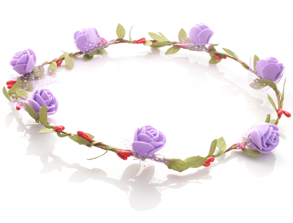 Hårkrans - Gröna blad & rosor lila till Midsommar