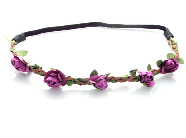  Hårband - Brunt med gröna blad & mörklila blommor till Midsommar