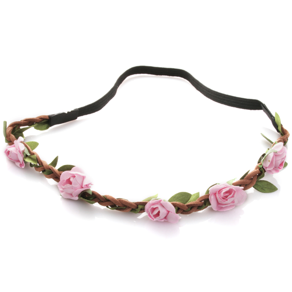 Hårband - Brunt med gröna blad & ljusrosa blommor till Midsommar