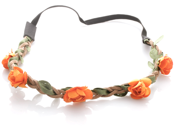  Hårband - Brunt med gröna blad & orange blommor till Midsommar