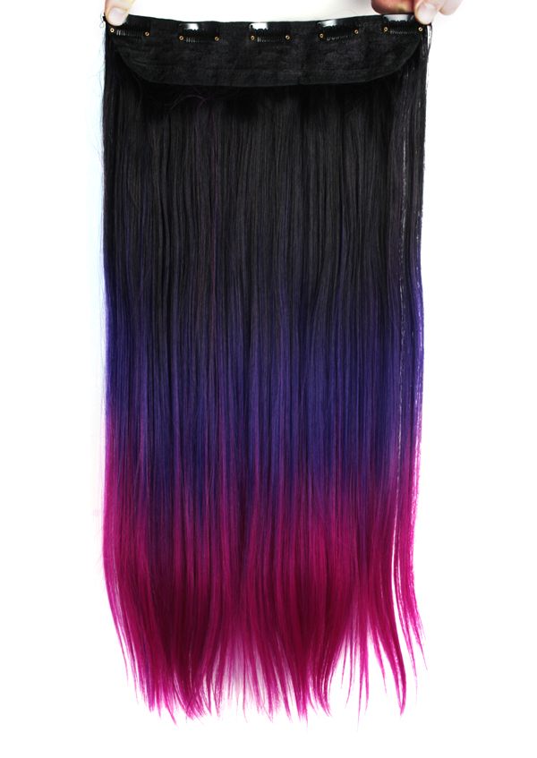  Löshår rakt 5 Clip on dip dye - Svart, lila & rosa