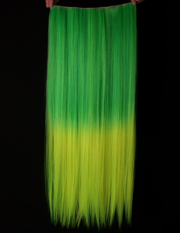 Löshår rakt 5 Clip on dip dye - Grön & Gul