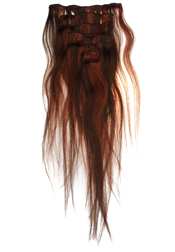  #4/30 Mörkbrun/Röd - Original äkta löshår remy clip-on
