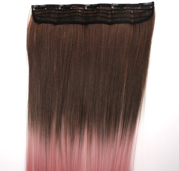  Löshår rakt 5 Clip on dip dye - Brun & Ljusrosa