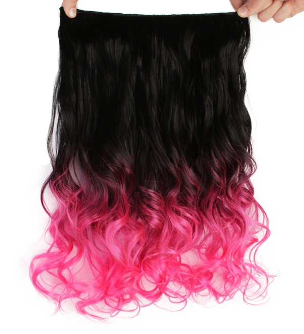 Löshår lockigt 5 Clip on dip dye - Svart & Rosa