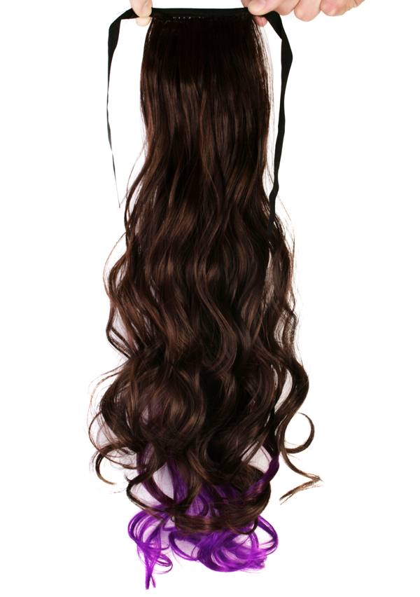  Hästsvans lockig rosett dip dye - Brun & Lila