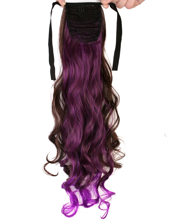  Hästsvans lockig rosett dip dye - Brun & Lila