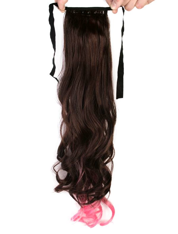 Hästsvans lockig rosett dip dye - Brun & Rosa