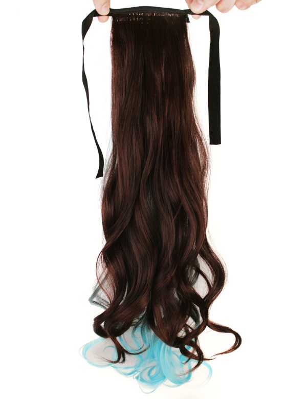 Hästsvans lockig rosett dip dye - Brun & Turkos
