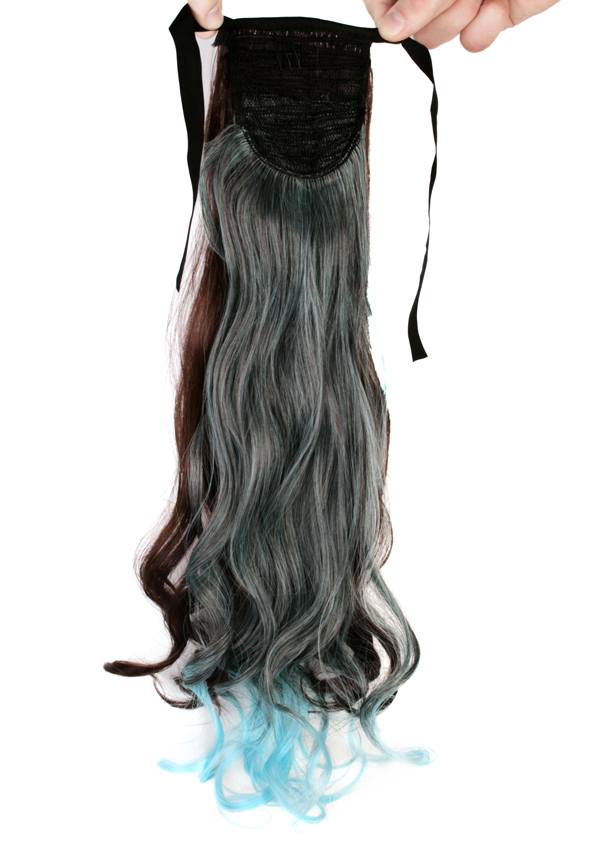  Hästsvans lockig rosett dip dye - Brun & Turkos
