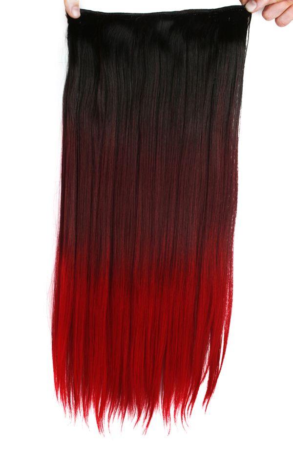Löshår rakt 5 Clip on dip dye - Svart, vinröd & röd